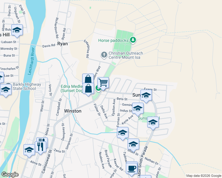 map of restaurants, bars, coffee shops, grocery stores, and more near 4 Banks Crescent in Sunset