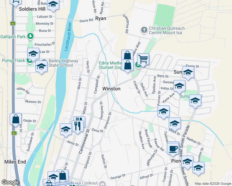 map of restaurants, bars, coffee shops, grocery stores, and more near 32 Carbine Avenue in Winston