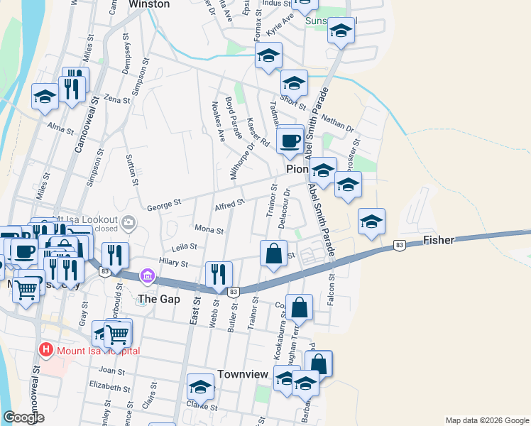 map of restaurants, bars, coffee shops, grocery stores, and more near 139 Trainor Street in Pioneer
