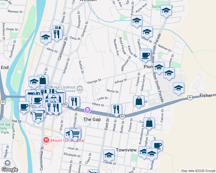 map of restaurants, bars, coffee shops, grocery stores, and more near 6 King Street in The Gap