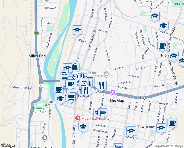 map of restaurants, bars, coffee shops, grocery stores, and more near 31 Atherton Street in Mount Isa