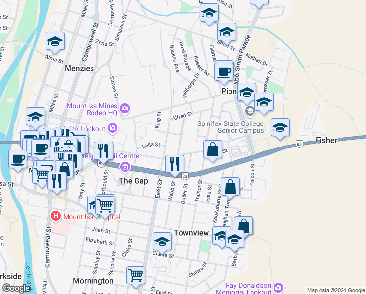 map of restaurants, bars, coffee shops, grocery stores, and more near 118 Webb Street in Pioneer