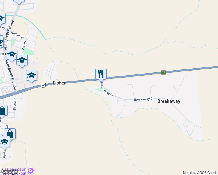 map of restaurants, bars, coffee shops, grocery stores, and more near 3 Breakaway Drive in Breakaway
