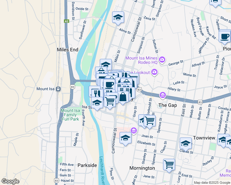 map of restaurants, bars, coffee shops, grocery stores, and more near in Mount Isa