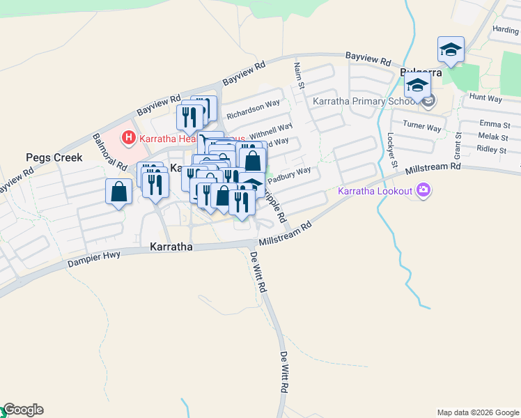 map of restaurants, bars, coffee shops, grocery stores, and more near 1 Welcome Road in Karratha