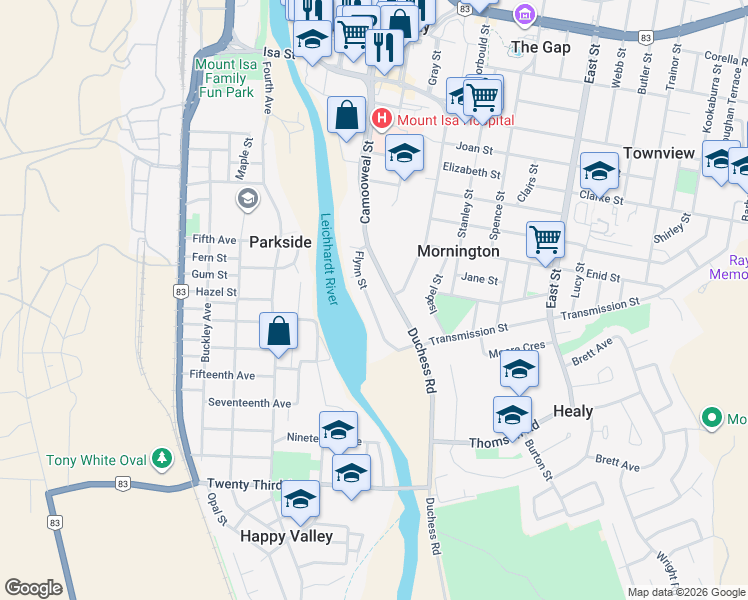 map of restaurants, bars, coffee shops, grocery stores, and more near 21 Mount Isa-Duchess Road in Mornington