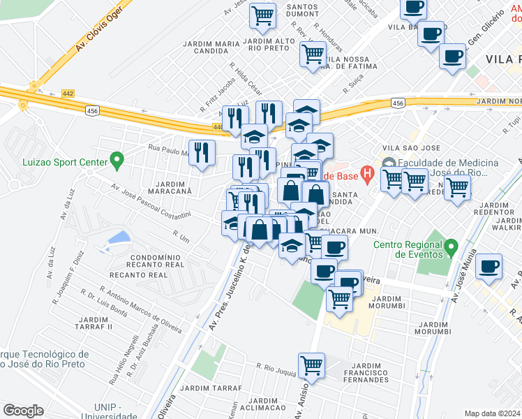 map of restaurants, bars, coffee shops, grocery stores, and more near 505 Avenida Presidente Juscelino K. de Oliveira in São José do Rio Preto