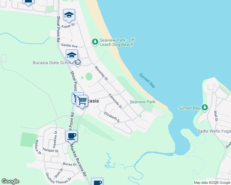 map of restaurants, bars, coffee shops, grocery stores, and more near 55 Waverley Street in Bucasia
