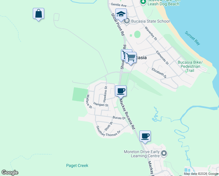 map of restaurants, bars, coffee shops, grocery stores, and more near 8 Highcrest Court in Bucasia