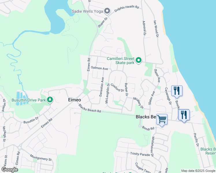 map of restaurants, bars, coffee shops, grocery stores, and more near McLaughlin Drive in Eimeo