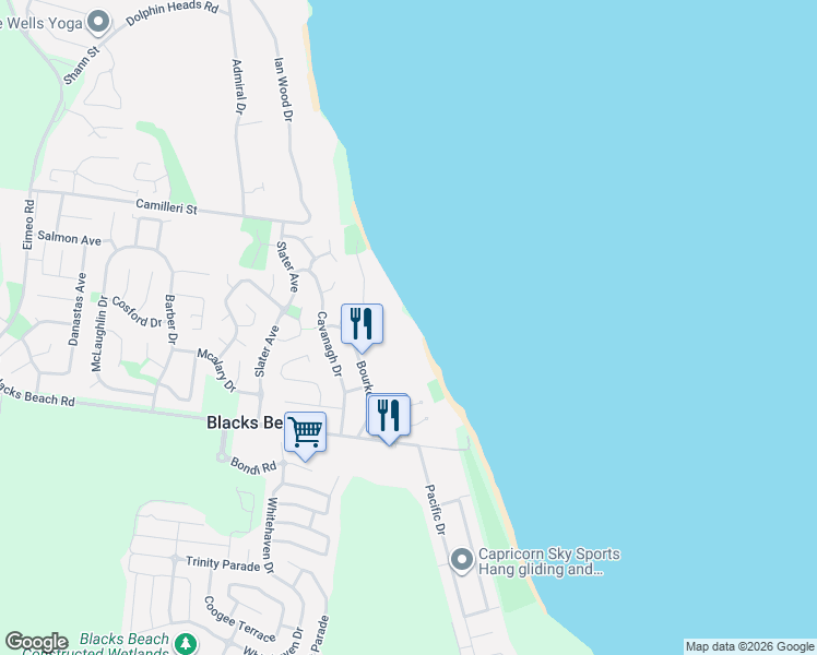 map of restaurants, bars, coffee shops, grocery stores, and more near 26 Bourke Street in Blacks Beach