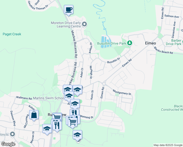 map of restaurants, bars, coffee shops, grocery stores, and more near McHugh Street in Rural View