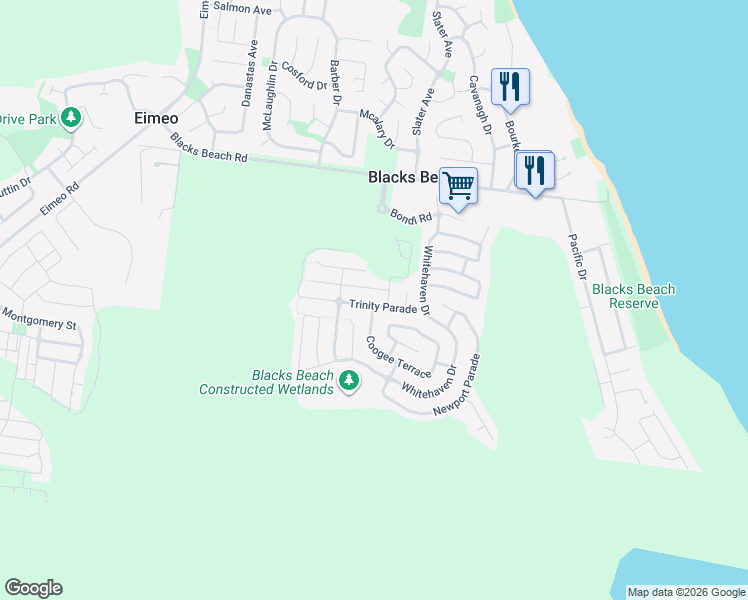 map of restaurants, bars, coffee shops, grocery stores, and more near 20 Trinity Parade in Blacks Beach