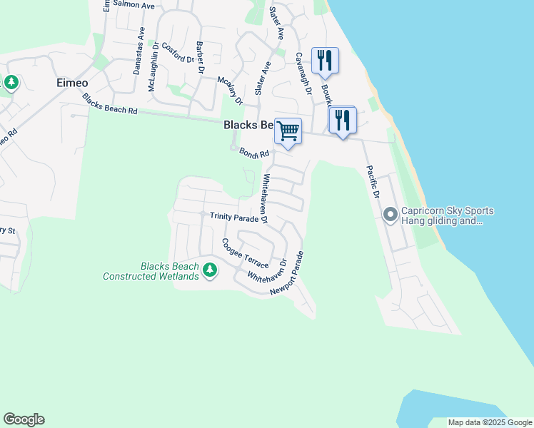 map of restaurants, bars, coffee shops, grocery stores, and more near 25 Whitehaven Drive in Blacks Beach