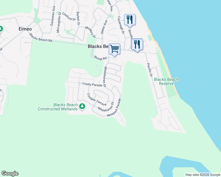map of restaurants, bars, coffee shops, grocery stores, and more near 35 Whitehaven Drive in Blacks Beach