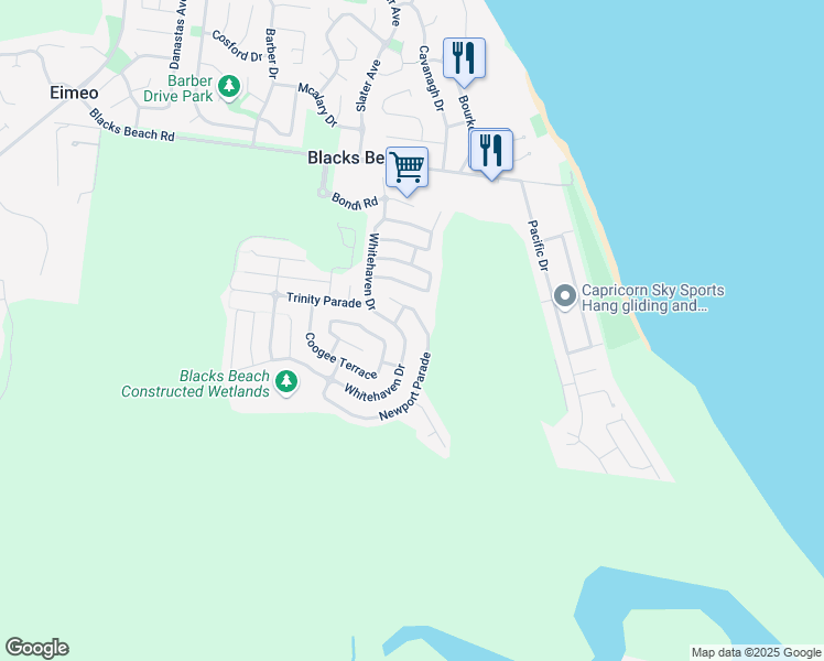 map of restaurants, bars, coffee shops, grocery stores, and more near 43 Whitehaven Drive in Blacks Beach