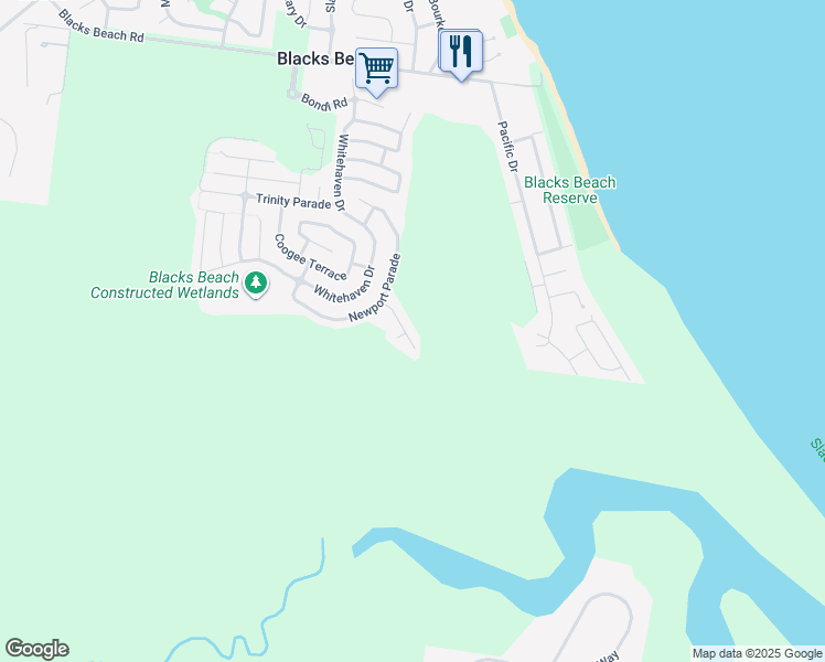 map of restaurants, bars, coffee shops, grocery stores, and more near 25 Warilla View in Blacks Beach