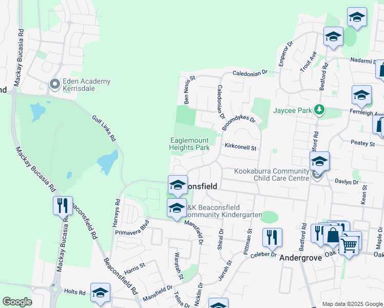 map of restaurants, bars, coffee shops, grocery stores, and more near 25 Galasheils Street in Beaconsfield