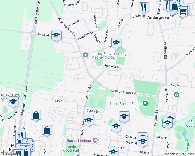 map of restaurants, bars, coffee shops, grocery stores, and more near Beaconsfield Road East in Mackay