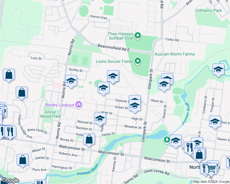 map of restaurants, bars, coffee shops, grocery stores, and more near 10 College Court in North Mackay