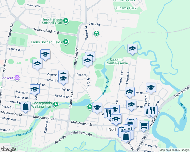 map of restaurants, bars, coffee shops, grocery stores, and more near 28 Quarry Street in North Mackay