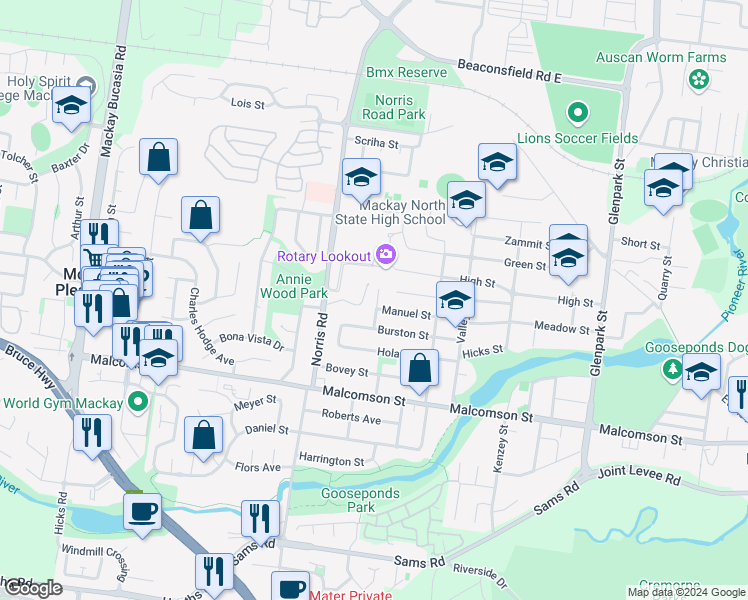 map of restaurants, bars, coffee shops, grocery stores, and more near 7 Brake Street in North Mackay