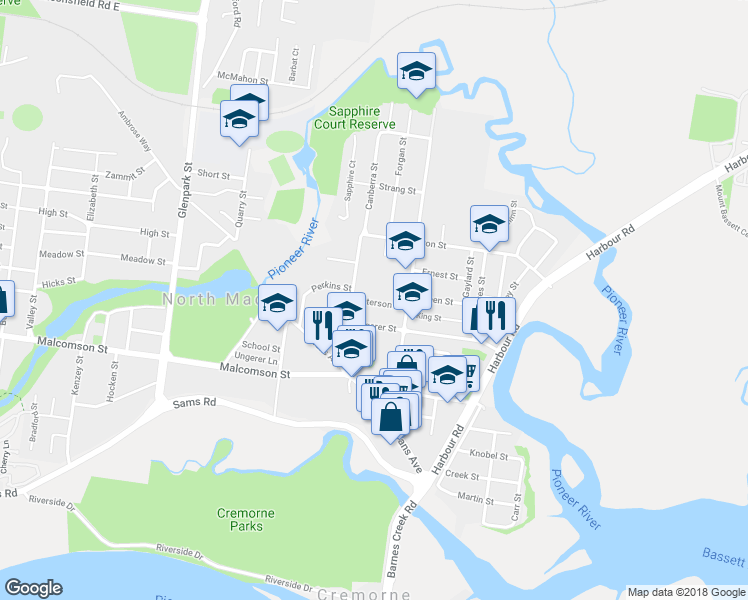 map of restaurants, bars, coffee shops, grocery stores, and more near 10 Petersen Street in North Mackay