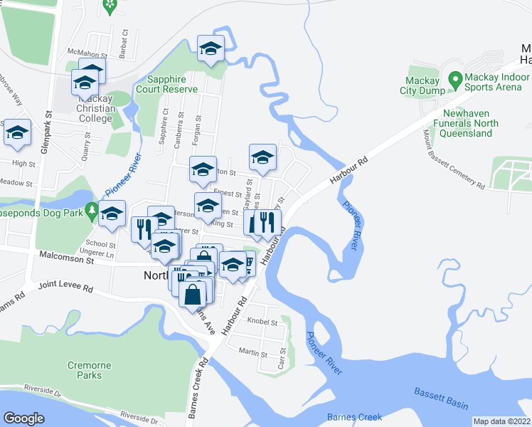 map of restaurants, bars, coffee shops, grocery stores, and more near 5 Robinson Street in North Mackay