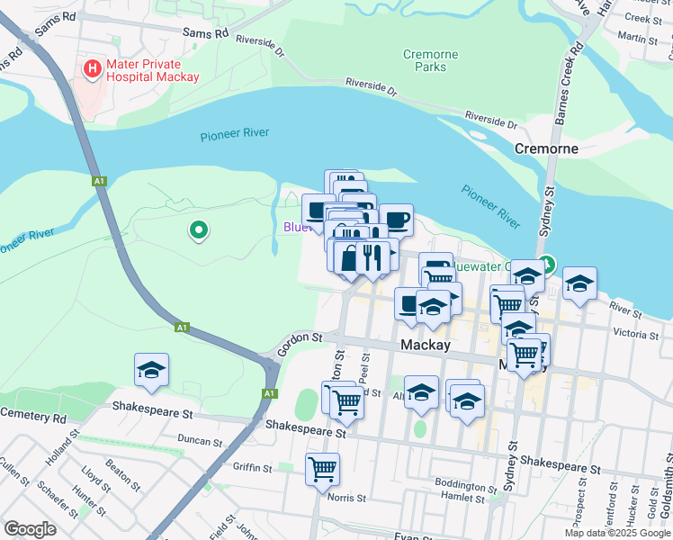map of restaurants, bars, coffee shops, grocery stores, and more near 232 Victoria Street in Mackay