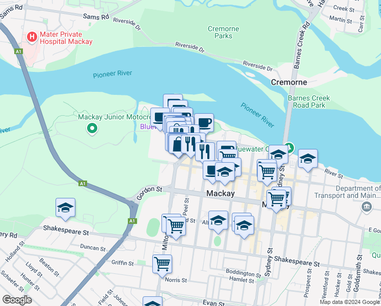 map of restaurants, bars, coffee shops, grocery stores, and more near Mangrove Road in Mackay