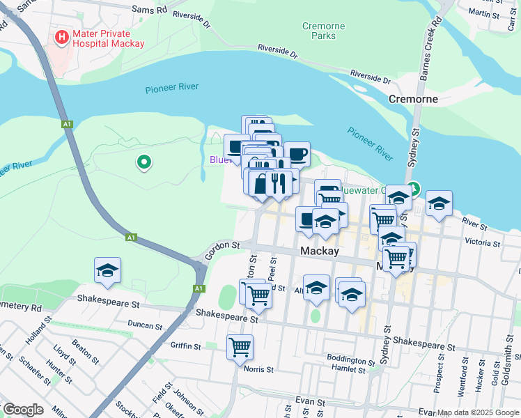 map of restaurants, bars, coffee shops, grocery stores, and more near 232 Victoria Street in Mackay