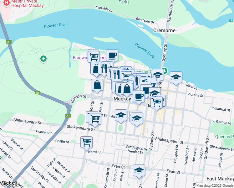 map of restaurants, bars, coffee shops, grocery stores, and more near 56 Gordon Street in Mackay