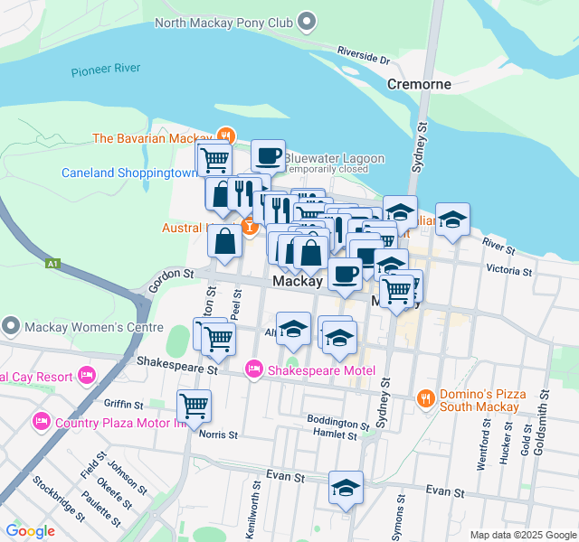 map of restaurants, bars, coffee shops, grocery stores, and more near 44 Nelson Street in Mackay