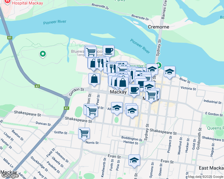 map of restaurants, bars, coffee shops, grocery stores, and more near 56 Gordon Street in Mackay