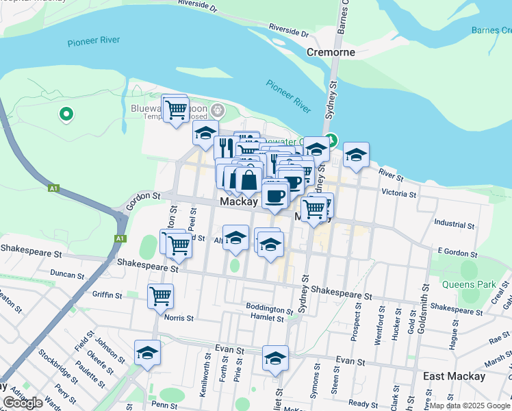 map of restaurants, bars, coffee shops, grocery stores, and more near in Mackay