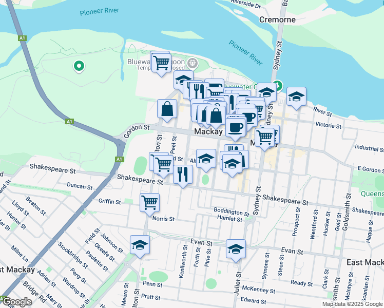 map of restaurants, bars, coffee shops, grocery stores, and more near in Mackay