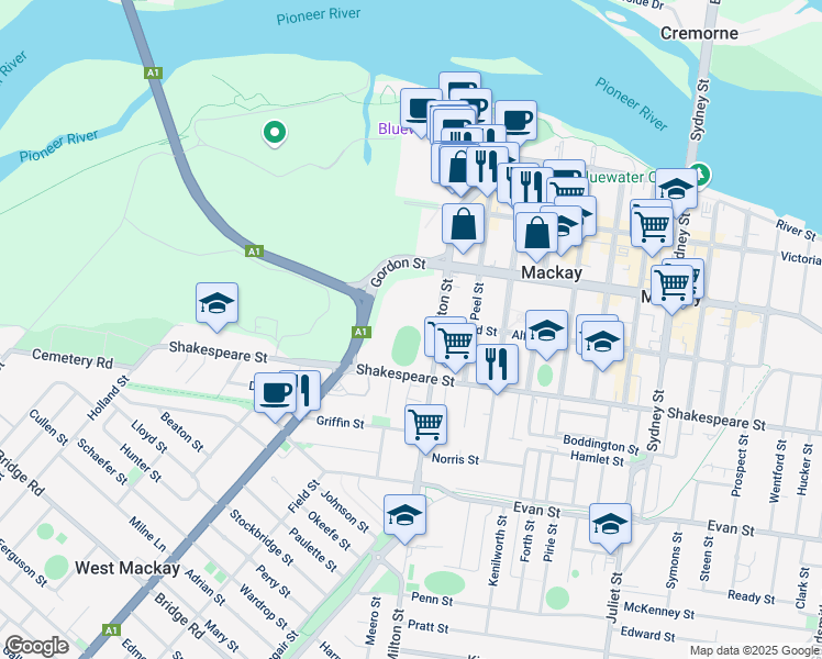 map of restaurants, bars, coffee shops, grocery stores, and more near in Mackay