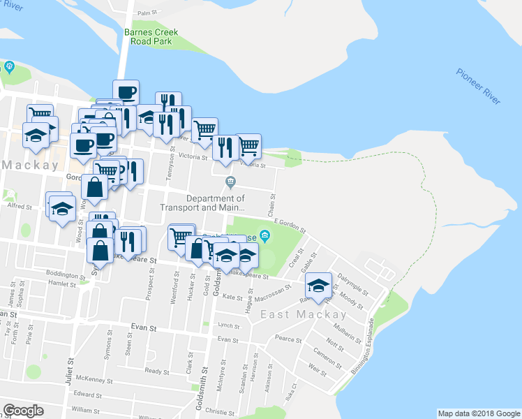 map of restaurants, bars, coffee shops, grocery stores, and more near 6 Gordon Street East in Mackay
