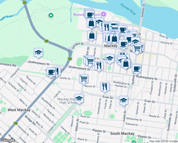 map of restaurants, bars, coffee shops, grocery stores, and more near 331 Shakespeare Street in Mackay