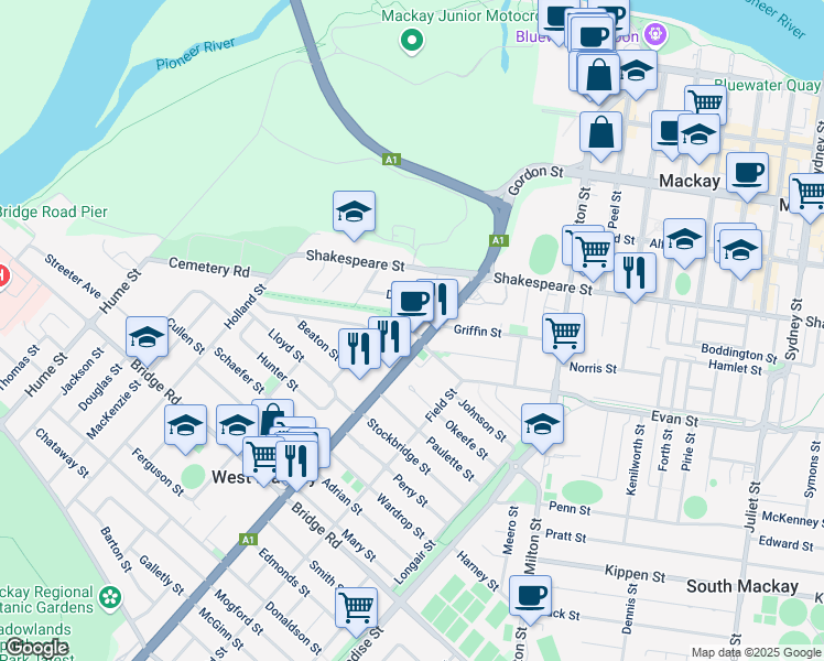 map of restaurants, bars, coffee shops, grocery stores, and more near Marryatt Street in Mackay Regional