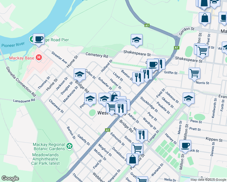 map of restaurants, bars, coffee shops, grocery stores, and more near Schaefer Street in West Mackay