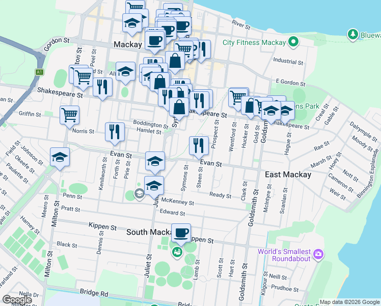 map of restaurants, bars, coffee shops, grocery stores, and more near 10 Turner Street in Mackay