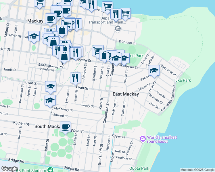 map of restaurants, bars, coffee shops, grocery stores, and more near 74A Goldsmith Street in Mackay