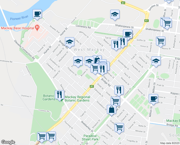 map of restaurants, bars, coffee shops, grocery stores, and more near 335 Bridge Road in West Mackay
