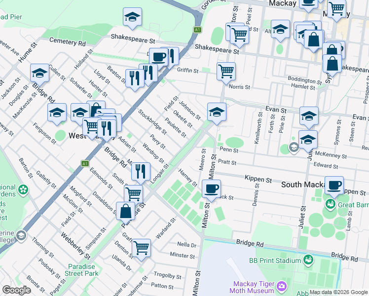 map of restaurants, bars, coffee shops, grocery stores, and more near 4 Longair Street in West Mackay