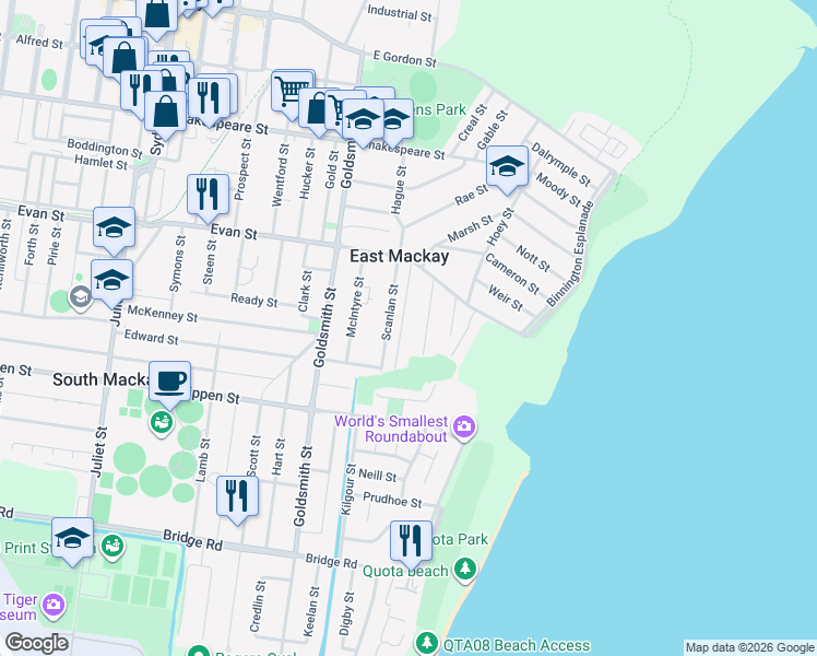 map of restaurants, bars, coffee shops, grocery stores, and more near 23 Harvison Street in East Mackay