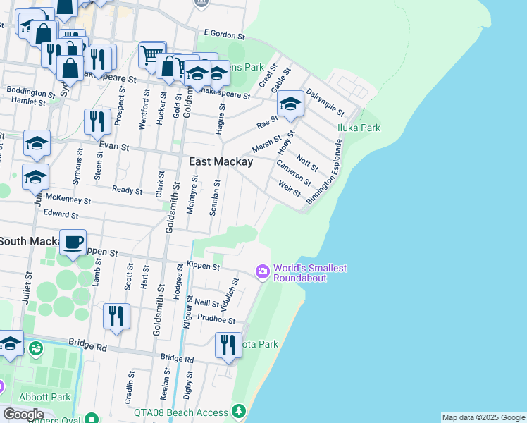 map of restaurants, bars, coffee shops, grocery stores, and more near Iluka Court in East Mackay