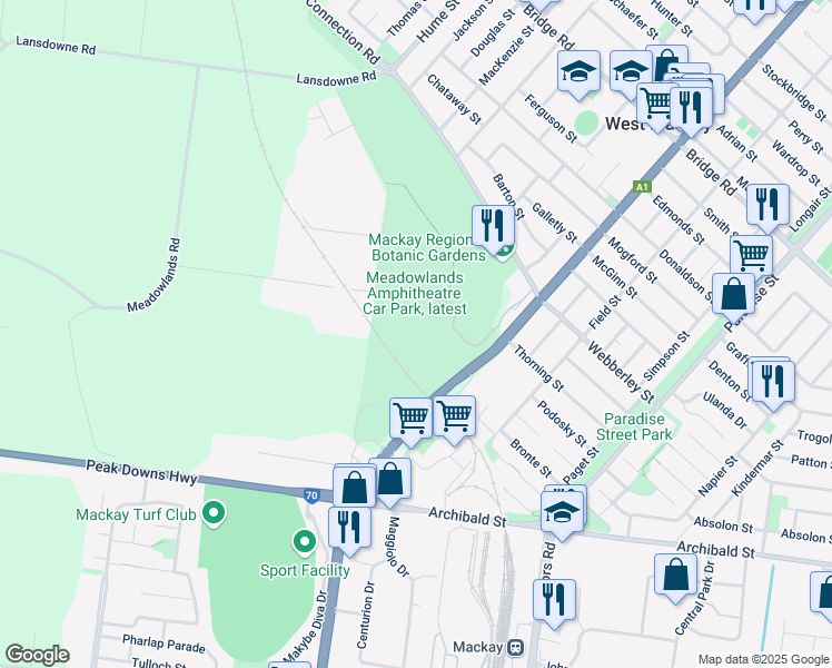 map of restaurants, bars, coffee shops, grocery stores, and more near 82 Alexandra Street in West Mackay