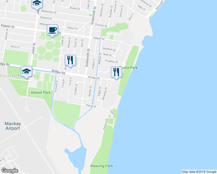 map of restaurants, bars, coffee shops, grocery stores, and more near 11 Beverley Street in South Mackay