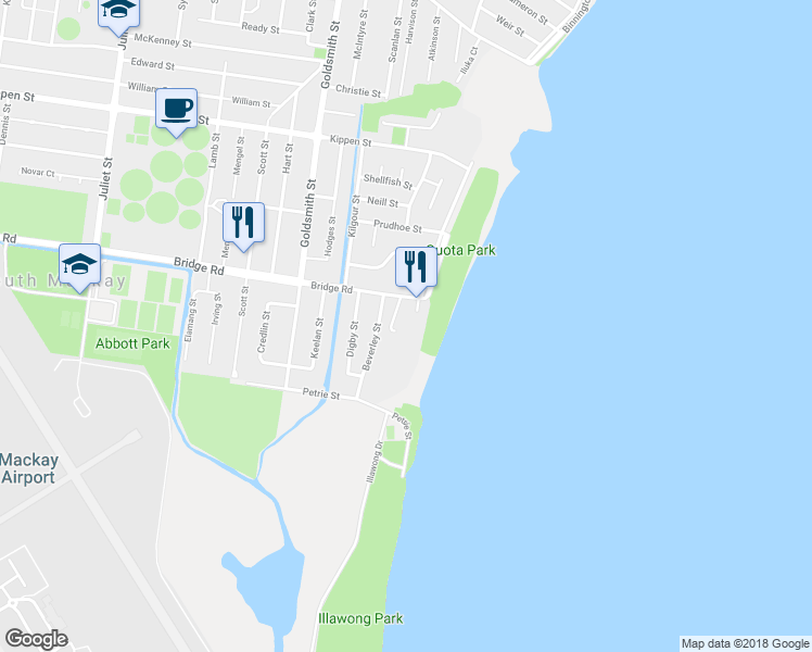 map of restaurants, bars, coffee shops, grocery stores, and more near 11 Bridge Road in South Mackay